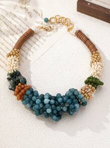 1pc Bohemian Style Handmade Beaded Crackle Crystal Exaggerated Necklace, Suitable For Women's Party, Evening, Vacation And Daily Outfit, Gift For Mom & Friends