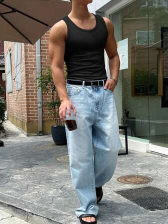 VINTAGE Men's Casual Street-Style Sexy Sleeveless Solid Color Ribbed Tank Top, Spring/Summer