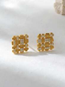 Elegant Fashionable Unique 925 Sterling Silver Gold Plated Knit Design Zirconia Square Stud Earrings For Women Daily Wear
