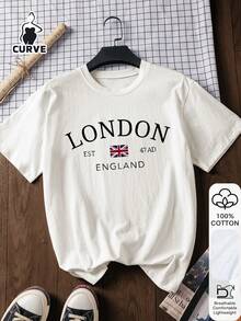 Camiseta de manga corta de talla grande para mujer London Muster, informal, a la moda, de tela suave de algodón, para uso en exteriores, con estampado, para verano. - Negro - Ver 5