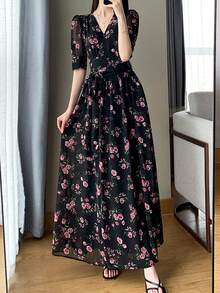 Women's V-Neck Short Sleeve Tie Floral Maxi Dress, High Waist Slim Fit Slit A-Line Dress, Summer Casual Wear For Daily, Date, Beach Vacation, Summer Dresses For Women - 黑色 - 查看 3