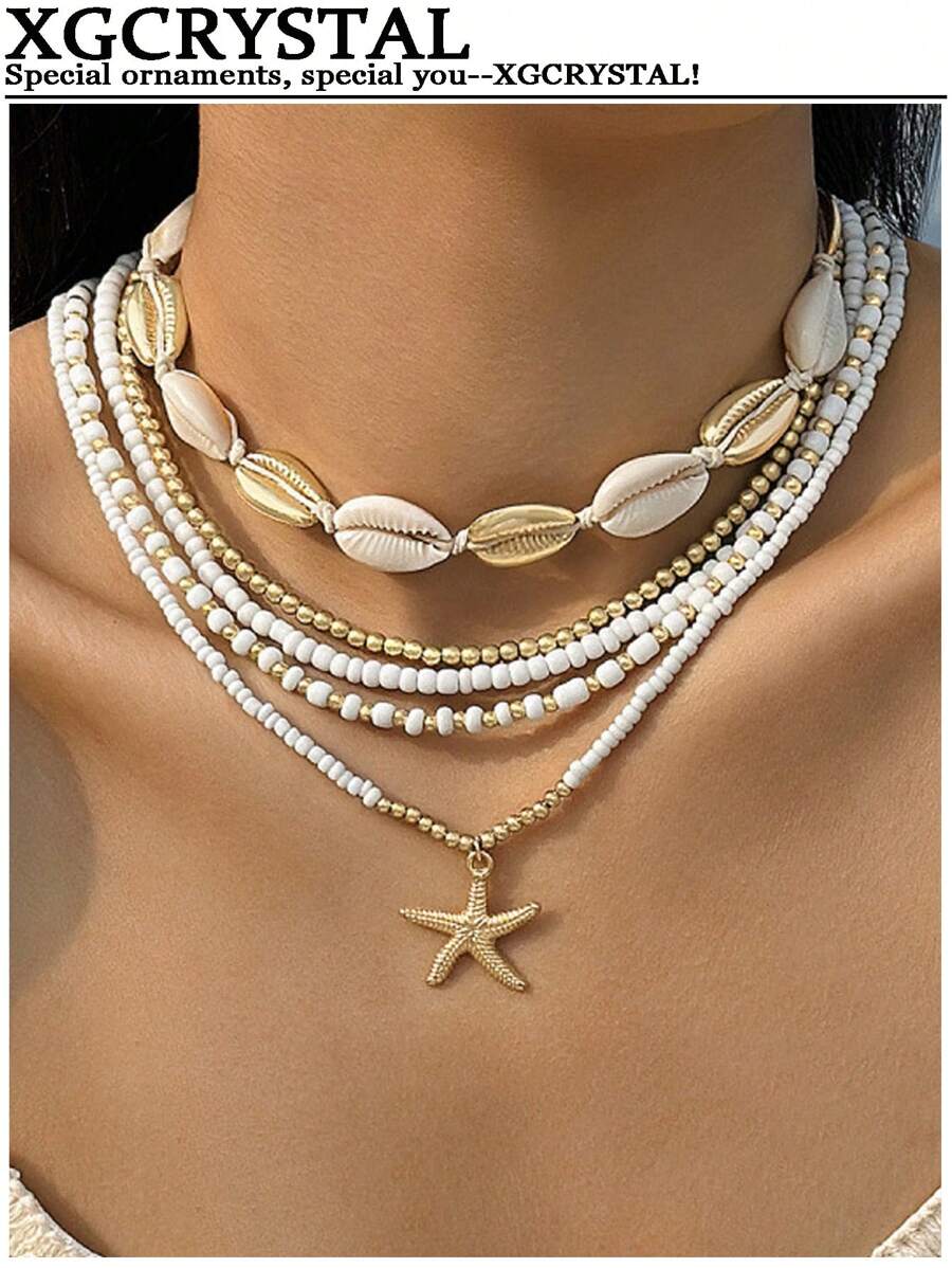 Set de 5 collares con colgantes de estrella de mar y conchas hechos a mano con estilo bohemio y capas para mujeres, adecuados para vacaciones en la playa, fiestas, fotografía, fiestas en la playa, reuniones junto a la fogata, accesorios de moda