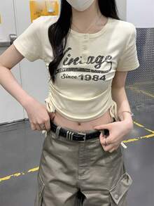 Summer Korean Style Fitted Letter Print Drawstring Button Design Short Sleeve T-Shirt