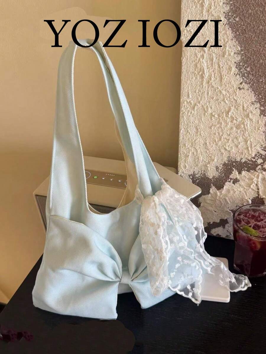 University & High School Students Bowknot Canvas Tote Bag, Ins Korean Style Big Capacity Shoulder Bag For Back To School Season - Blue - View 1