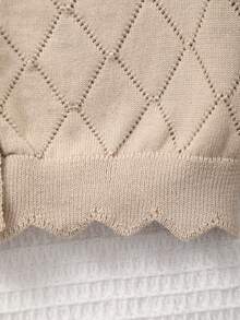 Girls Diamond Plaid Openwork Knitted Cardigan, Round Neck, Casual Wear For Spring/Autumn - 卡其色 - 查看 5