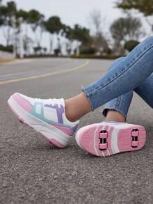 儿童可拆卸二合一旱冰鞋,防滑耐磨透气 PU 运动鞋,系带设计,适合 6-18 岁男孩和女孩,酷炫旱冰鞋 - 珊瑚粉 - 查看 4