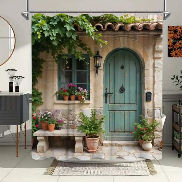 1pc Charming Rustic Cottage Shower Curtain, Non-Light-Blocking Polyester Fabric With Hooks, Windows And Walls Bathtub Bathroom Home Decoration Shower Curtain, All Season Universal Back To School
