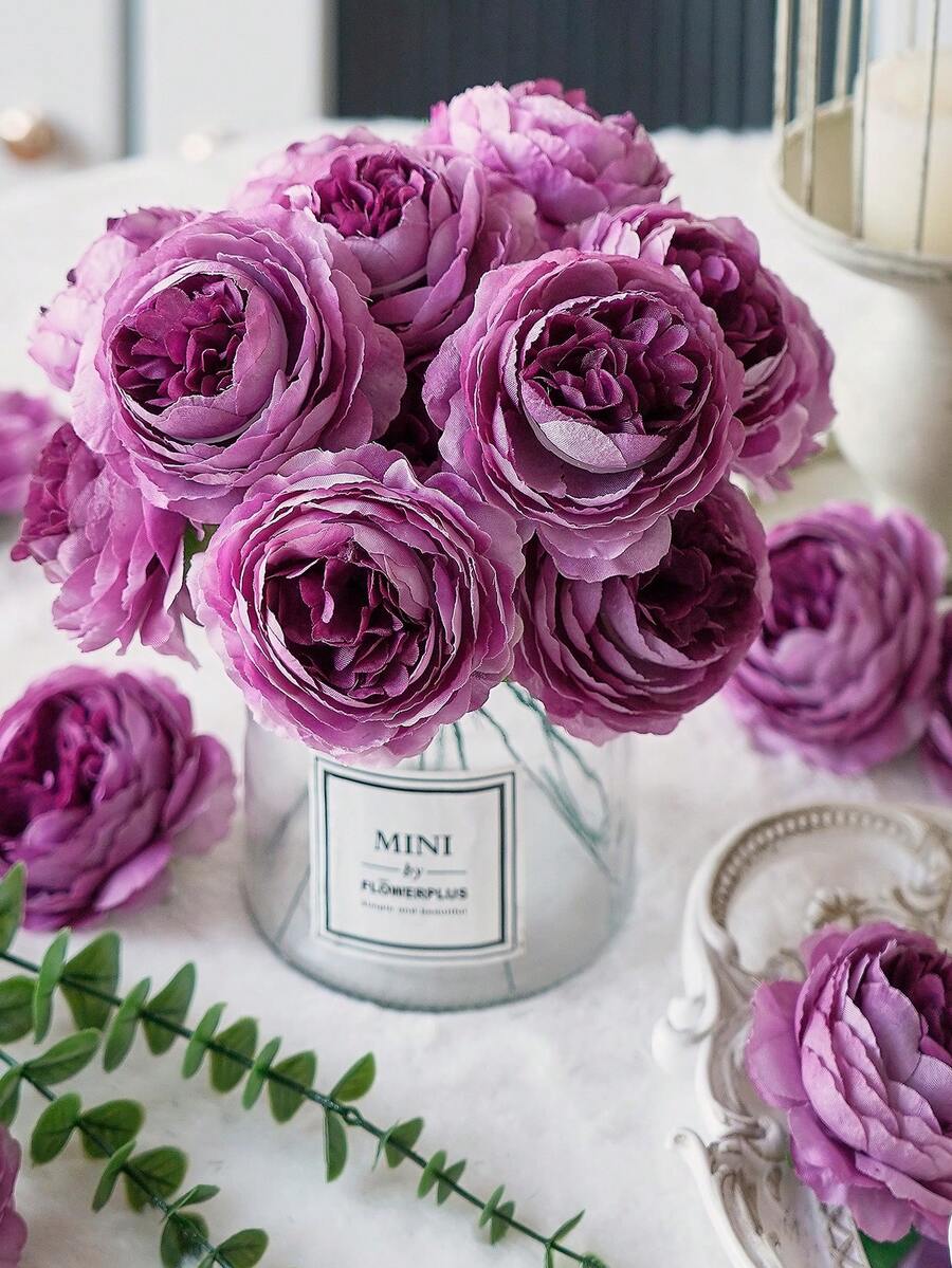 12/24 件仿真牡丹花，带茎，用于婚礼派对装饰、蛋糕装饰和家庭客厅餐桌中心装饰、假植物、秋季装饰、房间、书桌、花园装饰、房间装饰用品 - 紫色 - 查看 1