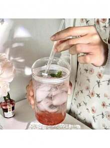 1个450毫升玻璃杯，带盖和吸管，透明，可作茶杯、咖啡杯、果汁杯、牛奶杯、早餐杯、饮料杯