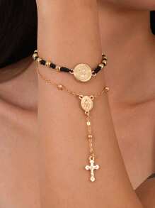 Set van 2 stuks modieuze hiphop vintage metalen kruis kwast armband, munt ketting decoratie handaccessoires, geschikt als cadeau, dagelijks gebruik, feestjes