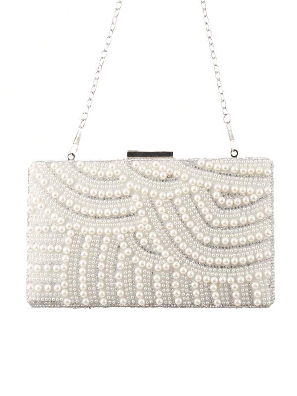 Vintage Pearl Beaded Clutch Bag, Handmade Rhinestones Studded Formal Party Purse For Women