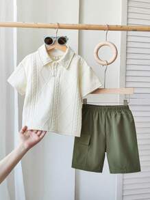 2 Pieces Boys' Preppy Style Outfit Diamond Jacquard Polo Shirt + Elastic Waist Shorts With Pockets Perfect For School Days Weekend Outings Playdates Family Gatherings
