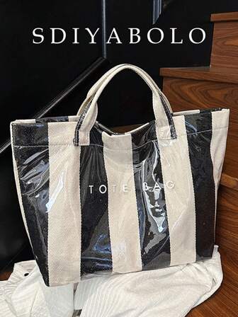 Chic Preppy-Style Large Capacity Tote Bag - Lightweight PVC & Kraft Paper With Magic Tape Closure For Women's Fashion