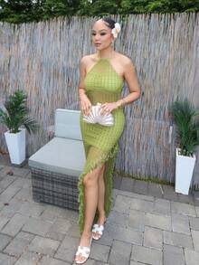 Melissa Matos Vestido sexy bohemio con patrón de ganchillo de ondas, abertura alta, espalda descubierta y flecos en el bajo. Adecuado para salidas casuales, citas, cumpleaños, fiestas, discotecas, resorts de isla, vacaciones, atuendos de festival y fiesta - Verde - Ver 5