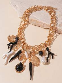 1 Set Collar multicapa con elementos de imitación de perla, cuerno, concha, tortuga marina, rana, diseñado para mujeres elegantes y de moda, adecuado para regalos, viajes y uso diario
