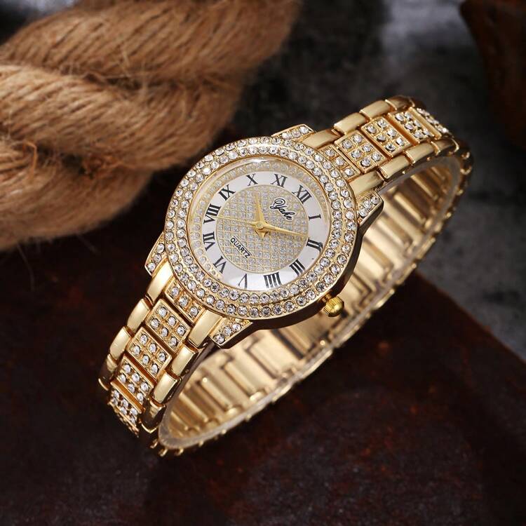 1pc Women's Elegant Gold/Silver Sparkle Dial Crystal Quartz Party Bracelet Watch