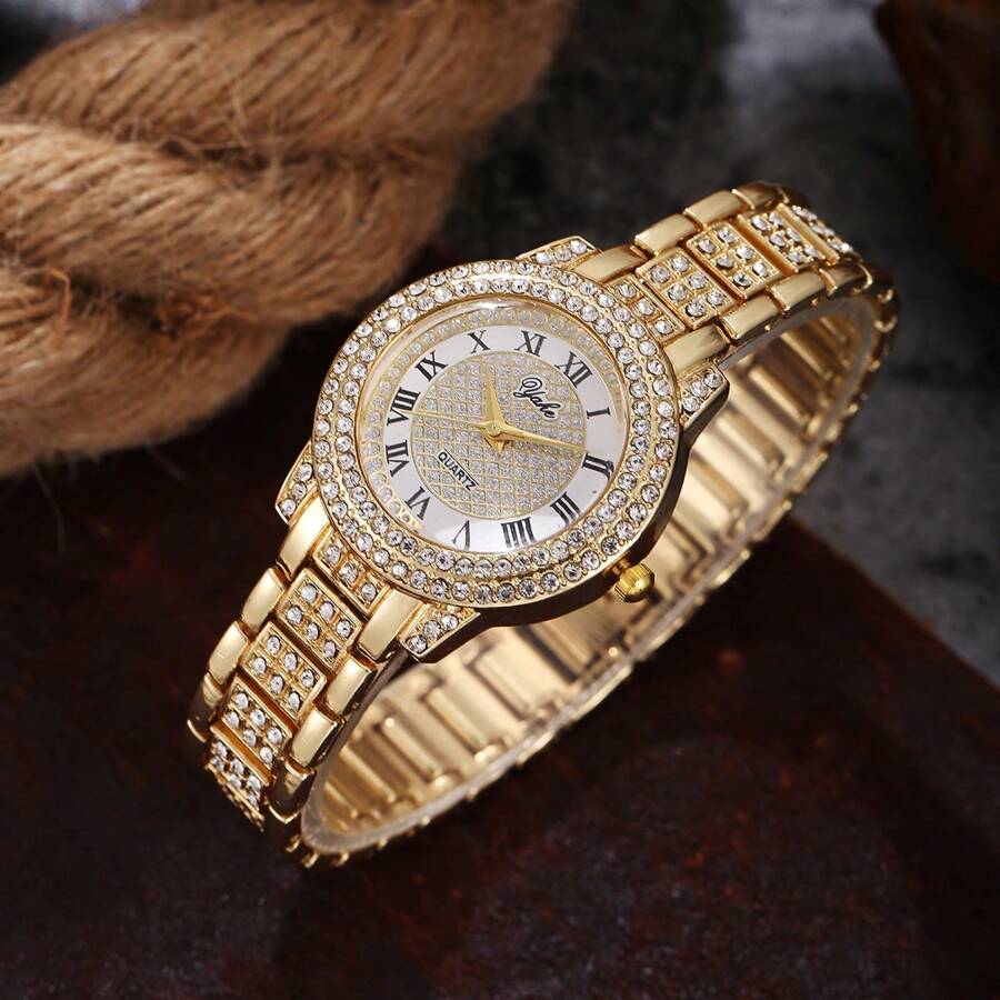 1 pieza Reloj pulsera con diamantes de cuarzo, brillante, elegante, para mujer, en color oro/plata para fiesta