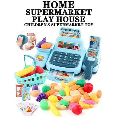 迷你逼真收银机玩具，带扫描功能和多功能声光效果，超市主题水果蔬菜篮套装，是圣诞节和角色扮演的理想礼物