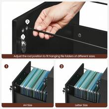Caisson de Bureau à roulettes, Verrouillable, avec 2 Tiroirs, 5 roulettes, Barre de Suspension Réglables, pour Dossiers Suspendus au Format A4, Noir d'encre - Noir - Voir 3