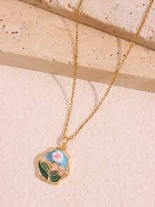 1pc Vintage-Inspired Women Jewelry Asymmetrical Pendant Necklace With Pearl, Rose Flower, Wheat Spikes & Colorful Floral Painting Design Valentines,Mom,Mother,Mother's Day,Gift - Multicolor - View 6