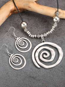 1 Set Of 3pcs Bohemian Style Metal Twisted Texture Pendant Earrings Jewelry Set, Holiday & Everyday Wear