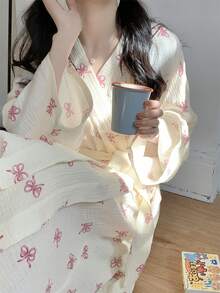 1pc Women's Bathrobe, Kimono Robe, Sleepwear, Minimalist European Style Long Sleeve, Spring/Autumn, Petite To Plus Size, Pink Bow Decor, Lightweight Solid Color Loungewear - Beige - View 8