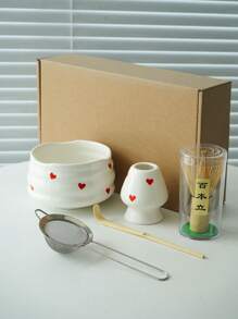 1pc/2pcs/4pcs/5pcs Hand-Painted Heart Matcha Tea Set, High-Quality Heart Shaped Matcha Bowl, Matcha Whisk, Tea Scoop, Full Set Of Cute Fresh Matcha Utensils, Suitable For Matcha Beginners, Gift For Matcha Lovers, Birthday Present Back To School