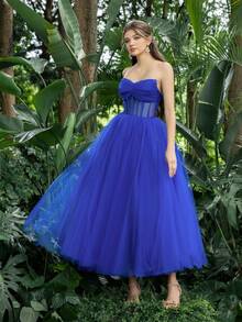 Vestidos de graduación Faeriesty con escote sin tirantes, frente fruncido, Body transparente y falda de tul. Vestido de graduación y fiesta perfecto para volver al colegio, reuniones, bailes y eventos de cóctel - azul real - Ver 3