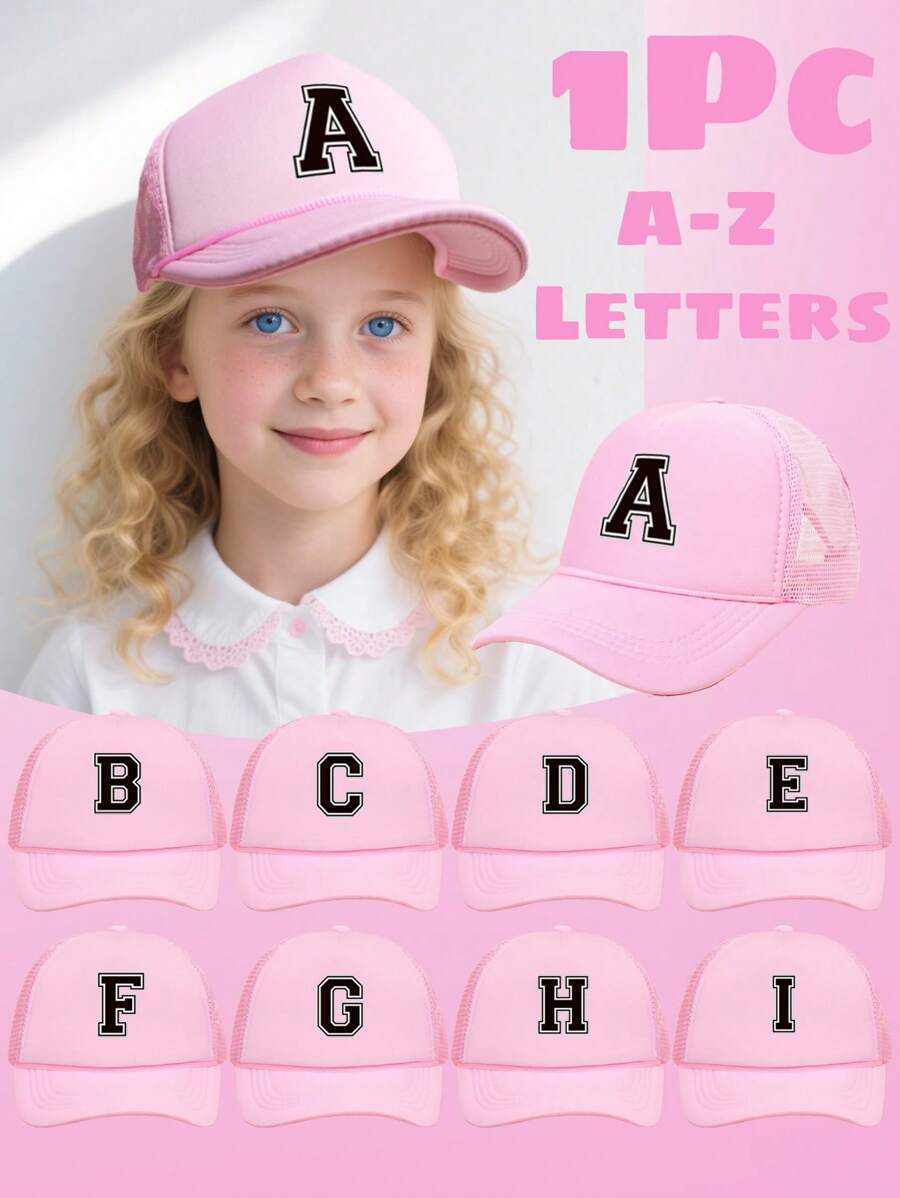 1Pc Children's 26 Letter Printed Baseball Cap, Cute Pink Sunshade Baseball Cap, Mesh Breathable Trucker Cap