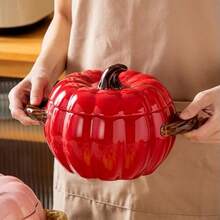 1 件创意南瓜形陶瓷汤锅，1500 毫升/50.72 盎司，带手柄和盖子（不可明火），可爱烤盘，南瓜派碗，丰收节感恩节餐具，适用于烤箱、洗碗机和微波炉，感恩节礼物，丰收节，家庭晚餐