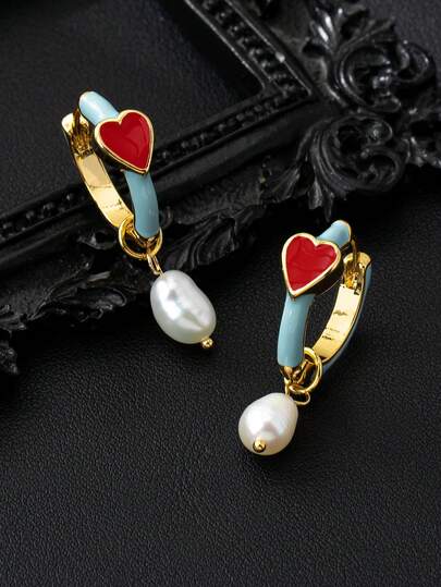 1 Pair Natural Baroque Freshwater Pearl Pendant Earrings, Enameled Bamboo Knot Earrings, Unique Design Party & Carnival Earrings For Women