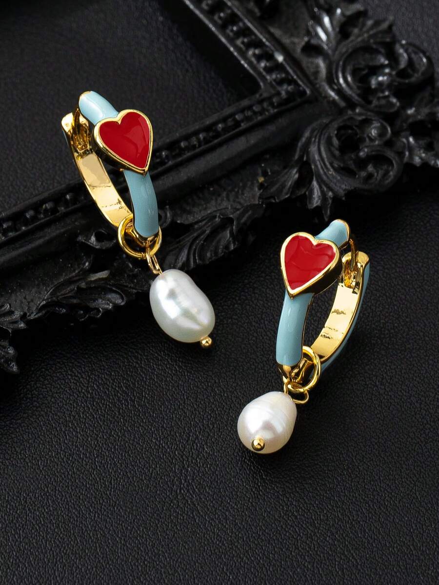 1 Pair Natural Baroque Freshwater Pearl Pendant Earrings, Enameled Bamboo Knot Earrings, Unique Design Party & Carnival Earrings For Women - Blue Red - View 1