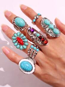 Juego de 7 piezas de anillos de tono turquesa y plateado de aleación con diseño elegante y vintage, apropiado para uso diario, festivales y fiestas