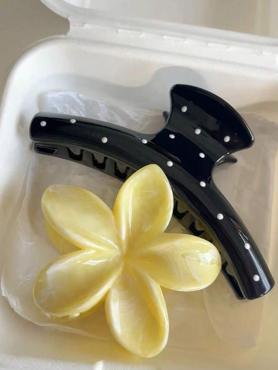 2pcs/1pc Women Acrylic Polka Dot Yellow Marble Printed Daisy, Hair Clips, Minimalist Fashion Design For Bun Updo, Summer Beach Travel Hawaii Style Accessories, Suitable For Daily Use Fashion Hair Accessories Flower Claw Clips Elegant Hair Claw Fall Winter For Vacation Outfits Woman - Multicolor - View 1