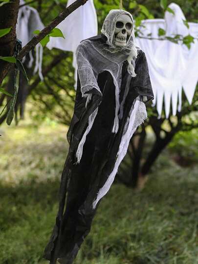 33 英寸万圣节骷髅头装饰，幽灵骷髅粗棉布挂鬼，恐怖万圣节挂饰，万圣节骷髅头粗棉布挂鬼脸，鬼屋入口挂骷髅头恐怖鬼，万圣节场景装饰道具