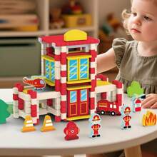 Sabiduría de ensamblaje de espigas y mortajas, sueños infantiles - Bloques de construcción con temas de escuela, hospital, zoológico, estación de bomberos, comisaría de policía, granja, juguetes educativos de construcción creativa