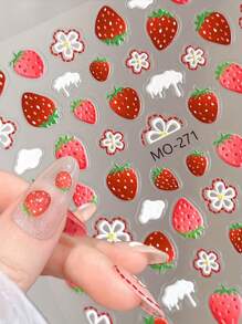 2 pièces Autocollants d'ongles 5D fraise et cerise - design de fruits doux avec des accents floraux, en résine ABS, style décontracté mignon, convient pour le nail art DIY, ongles à thème de fruits, design 5D complexe