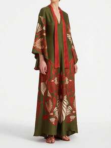 Women's Retro Printed Stand Collar Mid-Sleeve Maxi Dress - Dark Green - View 1