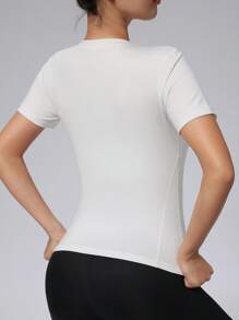 Camiseta deportiva para mujer con cremallera delantera, camiseta ajustada y elástica para fitness, yoga y running de manga corta