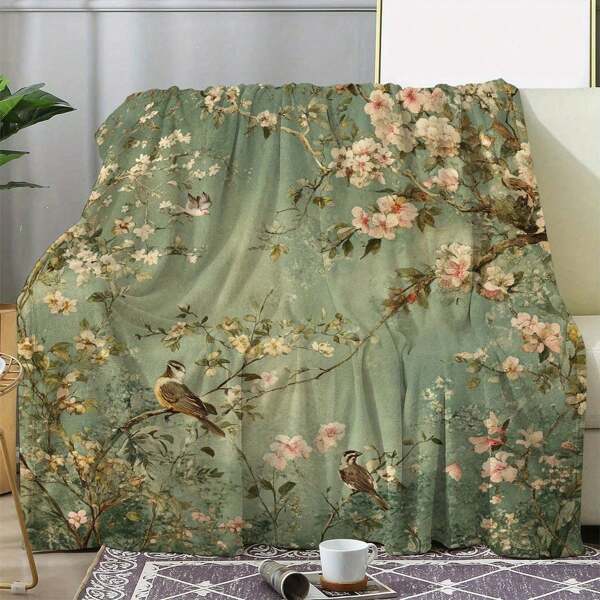 1 pieza Manta de franela con estampado retro de flores y pájaros - Suave, cómoda, para usar en todas las estaciones en sofá, cama, automóvil, oficina, campamento y viaje, fondo verde con elegante estampado floral, regalo perfecto para cualquier ocasión, manta de viaje | Estética vintage | Calidad de impresión digital