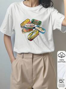2026 Canned Fish Print 100% Cotton Short Sleeve T-Shirt, Summer Tee, Graphic Tee, Casual Summer Outfit, Cotton T-Shirt, Summer Top, Oriental Aesthetic Streetwear Inspired Tee - 100% Premium Cotton Easter Bunny Print T-Shirt, 2026 Back To School Outfit, School Style Inspiration, Back To School Essential, First Day Of School Outfit, 2026 Back To School Fashion, Retro Women Top, Collegiate Style Clothing White - White - View 3