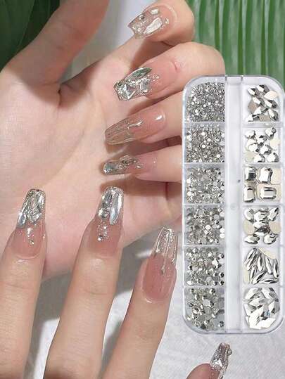 1 Box 12 Grids Rhinestones Rhinestones Nail Charms,12 Grids 3D Flat Bottom Geometry Shapes Nail Gems For Nail Art, Manicure, Pedicure, Crafts - Diy Nail Supplies Diy Nail Decorations For Parties, Weddings, Everyday Glamour - Salon & Home Use Nails