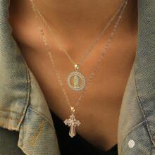 1 Set Elegant Christian Cross & Virgin Mary Icon Pendant Necklace, Fashion Jewelry Accessory Suitable For Daily, Holiday Wearing, Memorial Gift