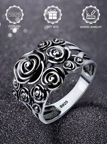 S925 Sterling Silver Boho Style Blackened Thorned Rose Floral Wide Band Vintage Goth Ring, Suitable For Men & Women Daily Wear, Wedding Engagement, Halloween, Valentine's Day, Mother's Day, Music Festival Gift, With Gift Box