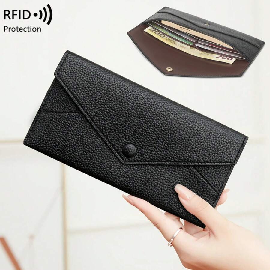 Monedero antirrobo RFID para mujer, estampado de lichi, cuero suave, billetera larga tipo sobre, bolso de mano sencillo ultrafino, portátil - Rosa - Ver 1