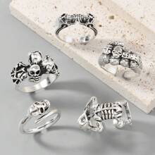 5pcs Adjustable Silver Skeleton Rings Set, Punk Rock Style Biker Rings For Men, Suitable For Nightclub, Party, Bar Wear, Versatile DIY Street Accessories