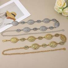 Corrente de Cintura de Metal Prateado Fashionable & Versátil para Mulheres com Incrustação de Pedra Esculpida em Flor, Cinto de Corrente Vintage Gravado, Acessório