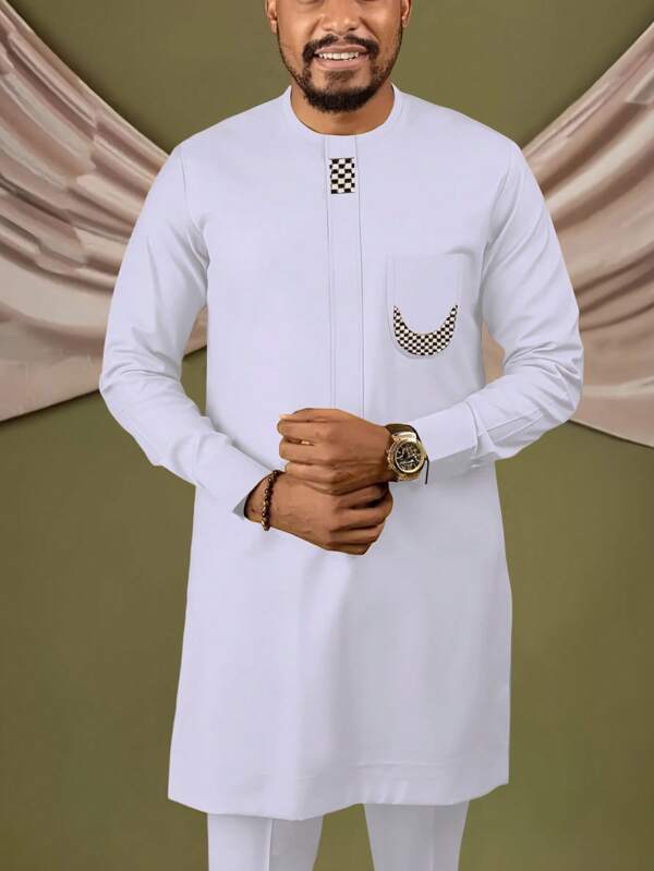 Conjunto de 2 piezas: Camisa blanca dashiki y pantalones para hombre, 2025 Nuevo, Estampado en contraste, Diseño lunar, Manga larga, Cuello redondo, Bolsillo, Botones ocultos, Pantalón de cintura elástica, Bajo con abertura lateral, Estilo africano informal, Nuevo estilo para las 4 estaciones, Moda callejera, Fiesta, Cita, Boda, Eventos culturales, Ceremonias tradicionales