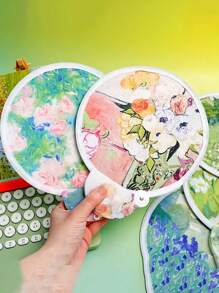1pc,Oil Painting Floral Mini Foldable Fan - Elegant Portable Compact Lightweight Handheld Fan With Reflective Surface, Fabric Material & Botanical Art For Summer, Home Decor, Gift