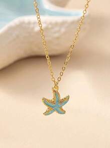 Conjunto de Joias Femininas: Colar com Pingente em Forma de Estrela-do-mar e Brincos, Joias de Praia/Oceano de Estilo Versátil e da Moda